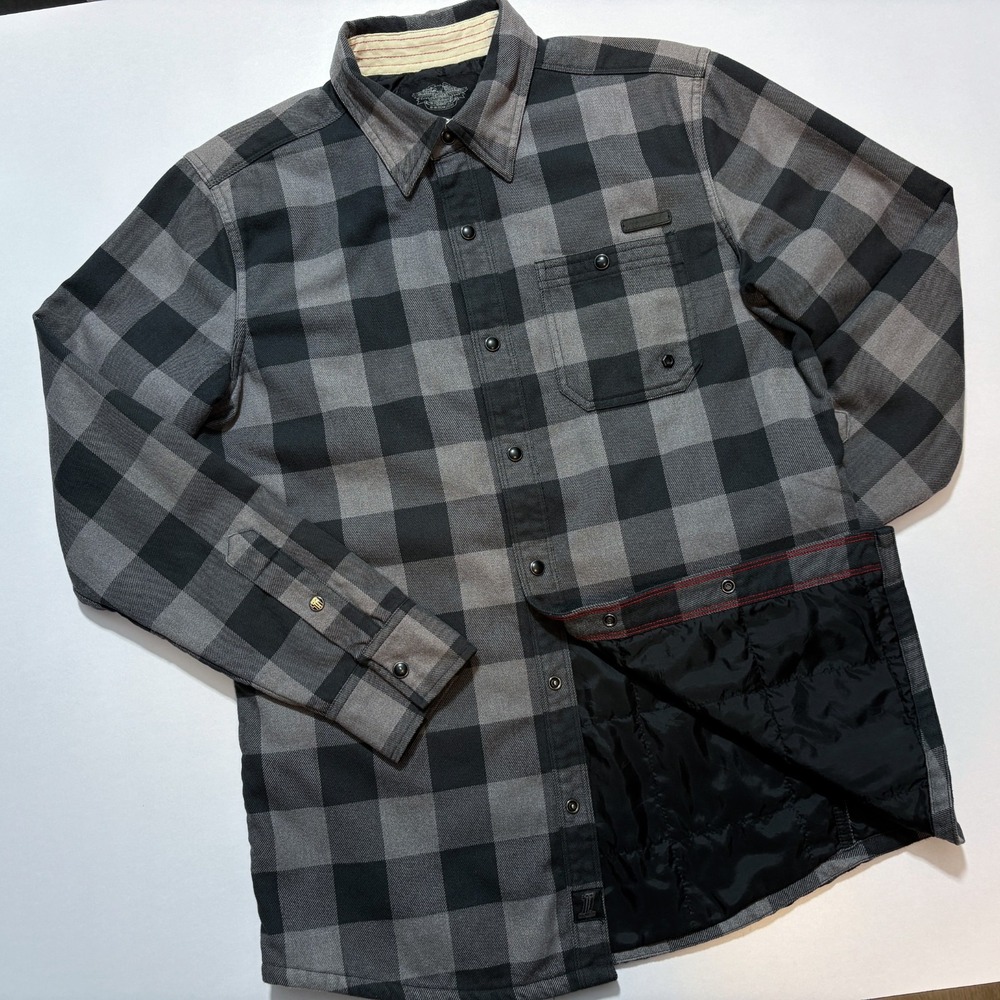 Harley Davidson Flannel Lined Gray Plaid Shacket Pearl Snap Back Hit Mens Small